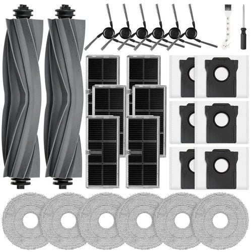 28PCS Replacement Parts for Dreame X40 Ultra/L40 Ultra/X40 Master/Mova P10 Pro Ultra/Mova P50 Pro Ultra, 2 Main Brushes, 6 Side Brushes, 6 Mop Pads, 6 HEPA Filters, 6 Dust Bags, 2 Cleaning Tool