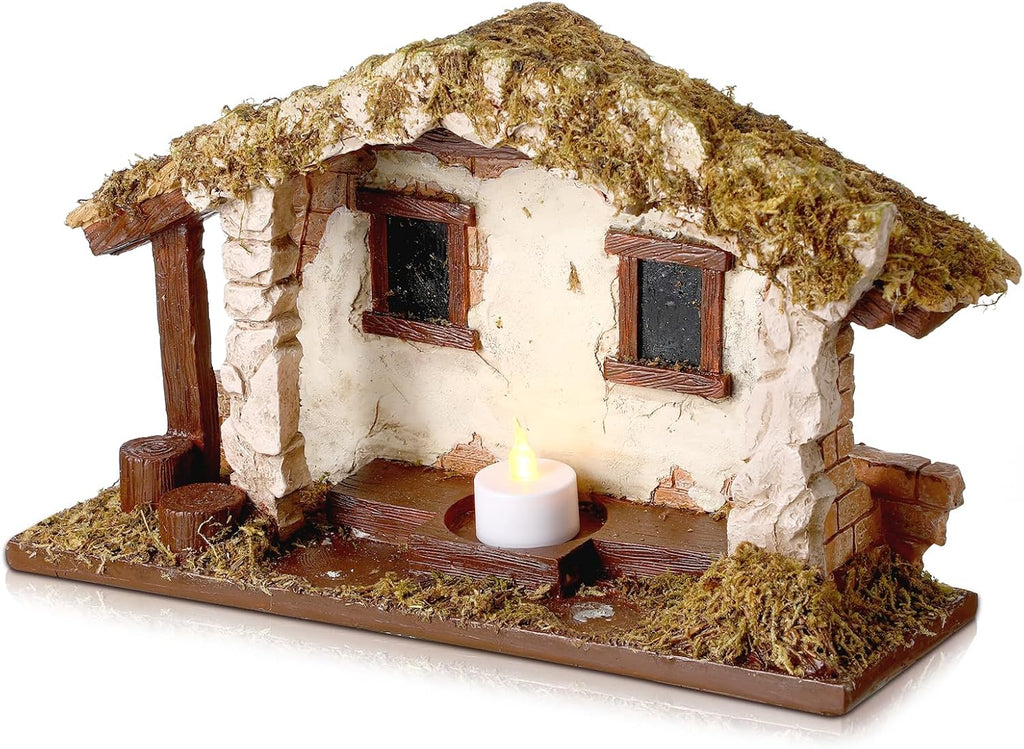 Barydat Christmas Nativity Creche - Realistic Resin Manger with Moss Roof | 10 x 7.87 x 5 Inches