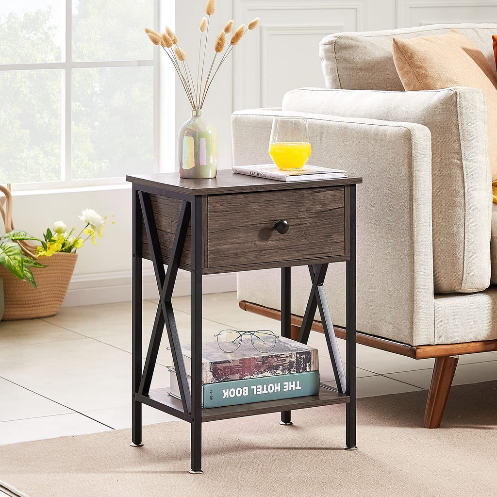 VECELO Nightstand,Modern Bedside End Table, Night Stand with Drawer and Storage Shelf for Living Room Bedroom, Industrial Metal Frame
