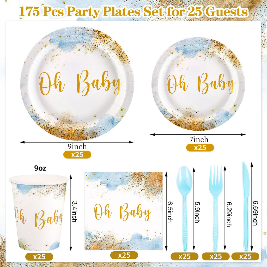 Xiangqu 175 Pcs Baby Boy Shower Plates and Napkins, Dusty Blue Baby Shower Decorations Includes Plates Napkins Cups Plastic Utensils for Boy Birthday, Serve 25 Guest