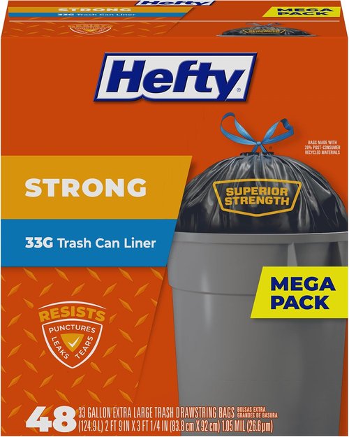 Hefty Strong Extra Large Trash Bags - 33 Gallon, Black, 48 Count for Heavy-Duty Use
