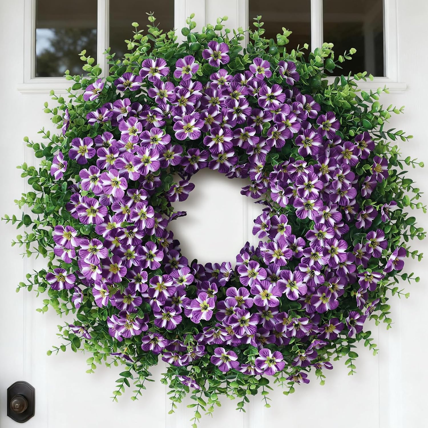 Skiennix 26" Large Artificial Eucalyptus Wreath - Realistic Faux Silk Morning Glory Flowers in Purple for Home, Farmhouse & Wedding Decor
