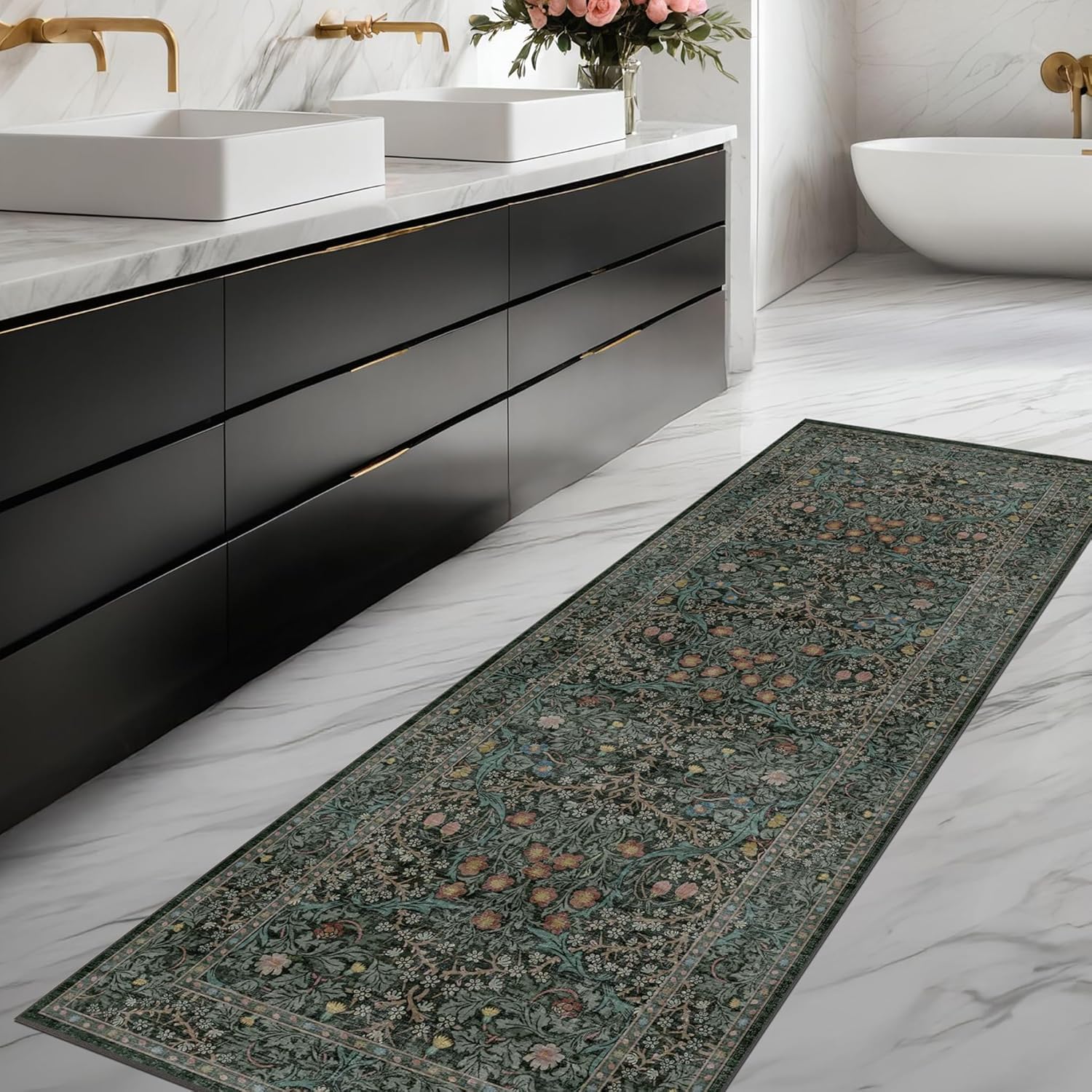 Skiennix Non-Slip Kitchen Runner Rug - Washable Boho Vintage Floral Design | Dark Green 2x6 Size