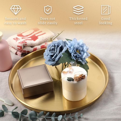 6 Pcs 12 Inch Gold Round Serving Tray, Gold Tray Serving Platter, Stainless Steel Circle Decorative Vanity Coffee Table Trays, Jewelry Makeup Organizer, Metal Decor Dishes