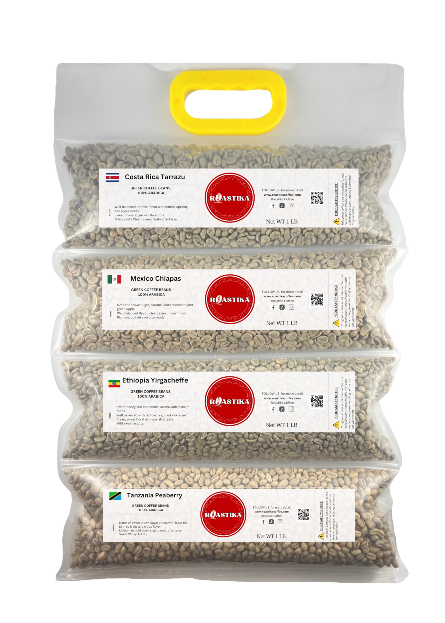 Roastika - Unroasted Coffee Bean - 4lb (pack of 4) - Sampler Pack - Bundle 2A (COSTA RICA TARRAZU/MEXICO CHIAPAS HG EP/ETHIOPIA YIRGACHEFFE/TANZANIA PEABERRY KILIMANJARO) Green Coffee Bean