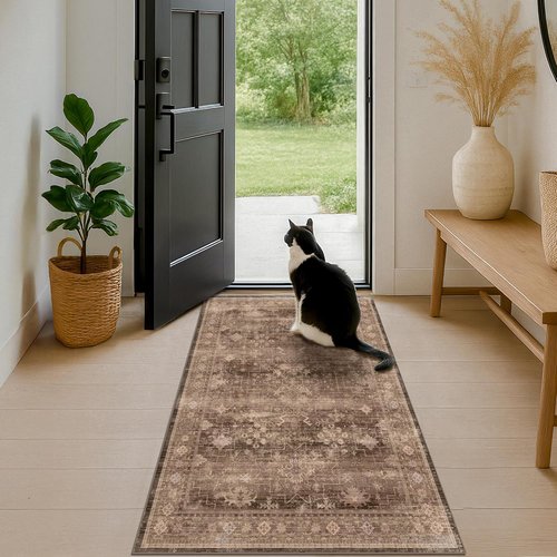 Boho Taupe Brown 3x5 Area Rug - Modern Vintage Washable Non-Slip Design for Entryway & Kitchen