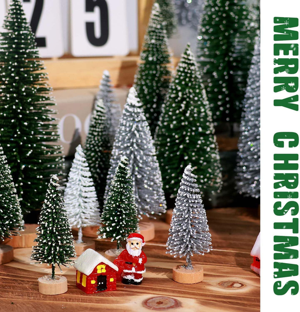 Skiennix Mini Christmas Trees - 30Pcs Artificial Bottle Brush Trees with Wooden Base for Festive Decor | Green, Silver, White