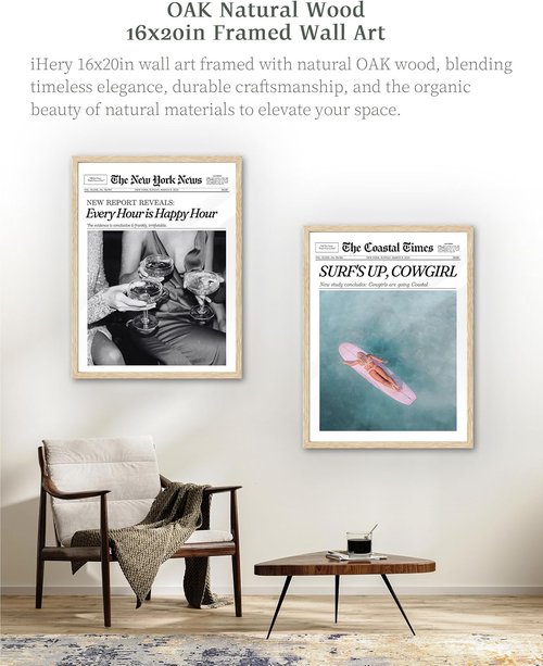 iHery Framed Newspaper Wall Art - Trendy Retro New York Prints | Natural Oak Wood, Large 16x20in for Bedroom & Living Room