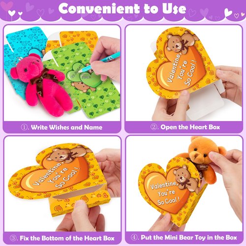 polokping Valentines Day Cards for Kids School, 24 Pack Cute Stuffed Bear Valentine Day Gifts for Boys Girls, Plush Bear Toys for Valentine's Gifts Classroom Exchange Prize, Valentine's Party Favors