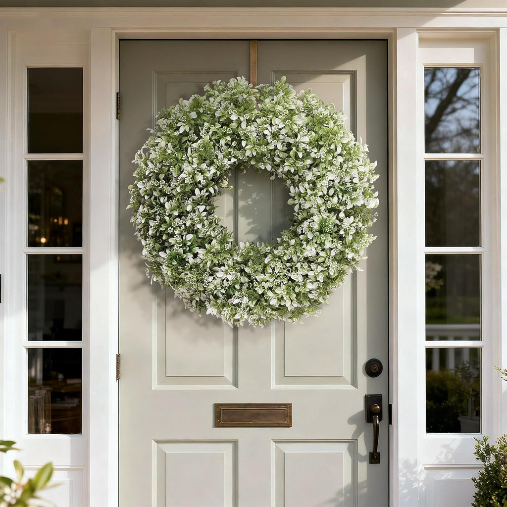 Skiennix 26" Artificial Boxwood Wreath - Large Faux Aglaia Odorata for Year-Round Outdoor Decor | White-Green