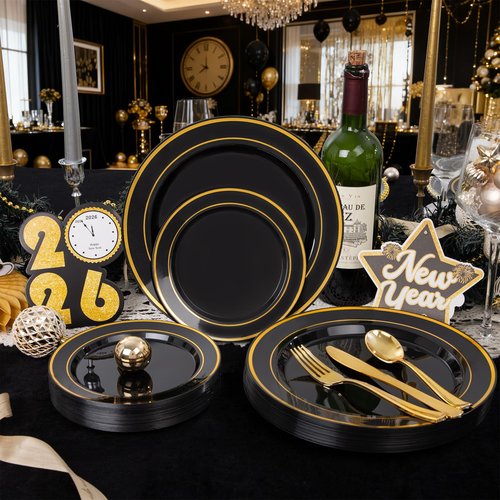 350 Pieces Black and Gold Plastic Plates with Disposable Silverware, Include 50 Dinner Plates 9”, 50 Dessert Plates 6.3”, 50 Black Cups 9 OZ, 50 Pre Rolled Napkins for Birthday Weddding Party