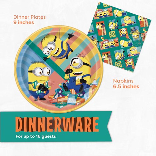 Minion Birthday Party Decorations | Serves 16 | Banner, Tablecloth, Door Poster Photo Backdrop, Plates and Napkins | Officially Licensed