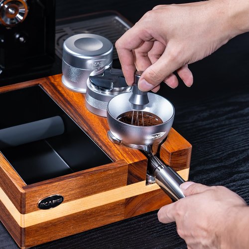IKAPE 54mm 4-in-1 Espresso Knock Box & Tamping Station, 51mm 53mm 54 mm Natural Mahogany Accessory Organizer Base