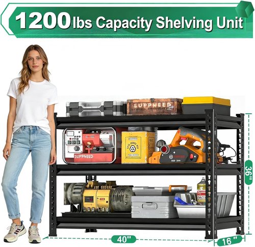 Metal Storage Garage Shelving - Heavy Duty Steel Utility Rack | 3-Tier Adjustable, 1,200 Lbs Capacity, Black, 40'' W x 16'' D x 36'' H