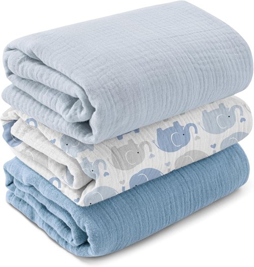 GLLQUEN Baby Muslin Swaddle Blankets - 3-Pack Receiving Blankets for Newborns | Unisex Elephant Design, 40 x 38 Inches