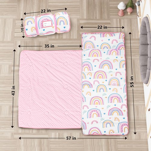 Primlect Toddler Nap Mat Extra Large Thickened 55''x35'', Soft Sleeping Bag with Detachable Minky Blanket and Pillow, Portable for Daycare, Preschool, Kindergarten, Travel, Boys and Girl (Rainbow)