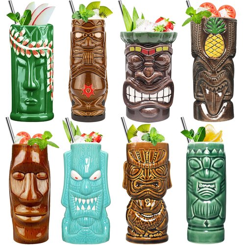 SuproBarware Tiki Mugs Set of 8 – Ceramic Hawaiian Party Drinkware, Tiki Bar Mugs for Cocktails, Premium Tropical Cups Drinks for Exotic Party