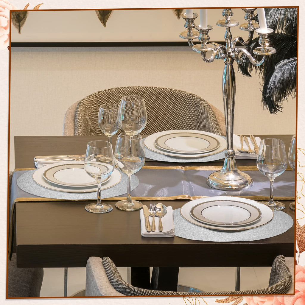 Pasimy 200 Pcs Silver Glitter Paper Place Mats 15 Inch Sparkle Round Disposable Table Mats Silver Sequin Doilies Decorative Placemats for Wedding Banquet Party Home Dining Tableware