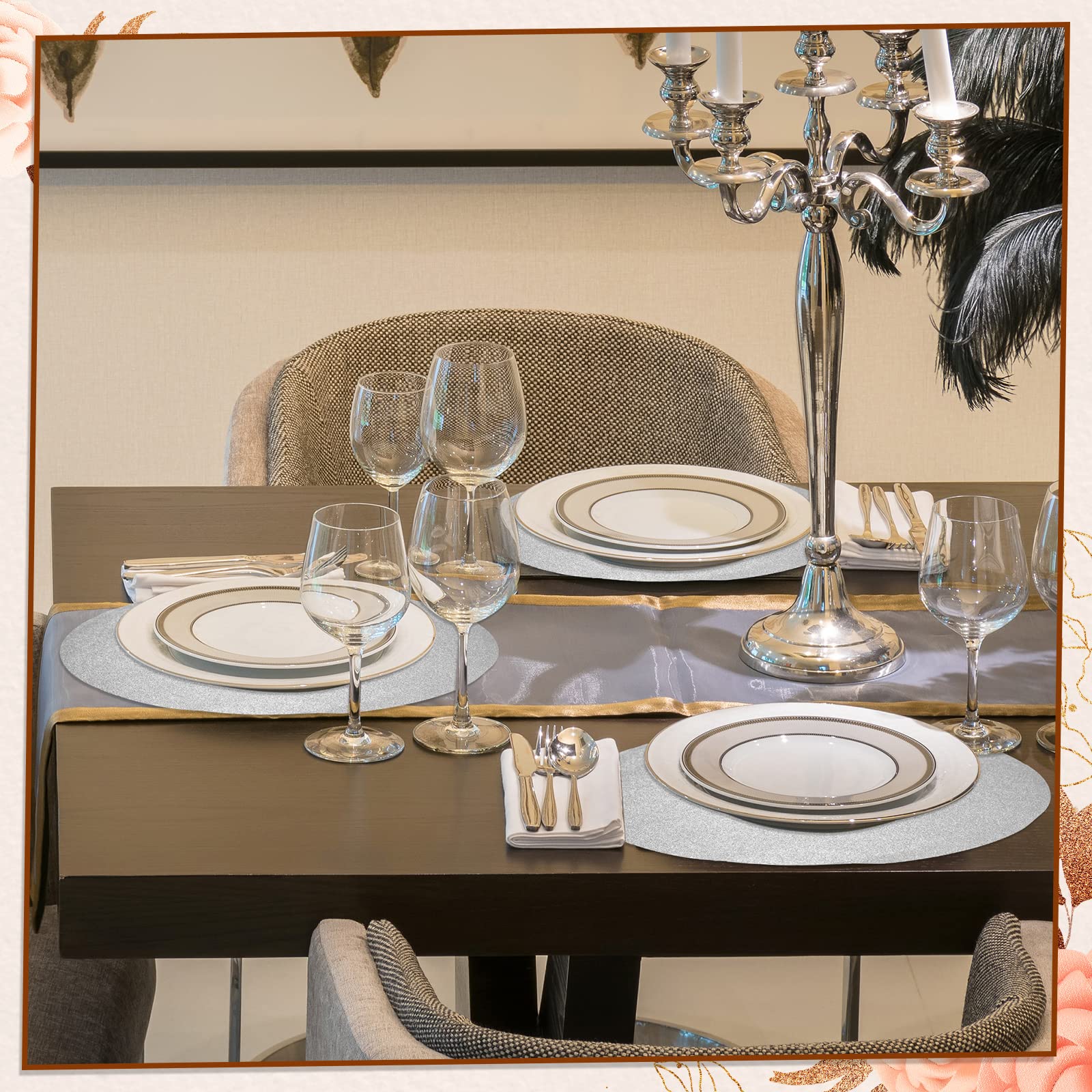 Pasimy 200 Pcs Silver Glitter Paper Place Mats 15 Inch Sparkle Round Disposable Table Mats Silver Sequin Doilies Decorative Placemats for Wedding Banquet Party Home Dining Tableware
