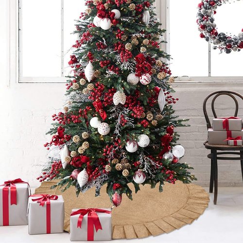 Medoore Christmas Tree Skirt Linen Burlap Tree Skirt with Ruffled Border Rustic Christmas Burlap Tree Skrit for Christmas Tree Holiday Decorations, 47 Inches