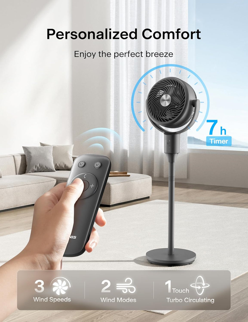 Pelonis Pedestal Fan - Ultra OmniFlow Air Circulator with 135°+90° Oscillation, Quiet Operation & Remote Control