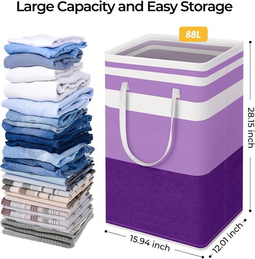 HomeHacks Large Waterproof Laundry Baskets - Collapsible Hampers with Reinforced Handles (Purple, 88Lx2)