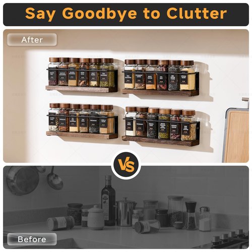 KitHero 4-Tier Wall Mount Spice Rack Organizer with 24 Glass Jars, 216 Labels & Funnel - Screw/Adhesive Mount, Black Metal & Wood Spice Storage for Kitchen Pantry Cabinet, 11.6”L x 2.4”W x 3.2”H