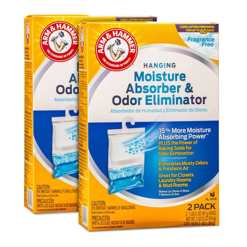 Hammer Hanging Moisture Absorbers and Odor Eliminator - 1 Fragrance Free & 1 Clean Burst - Humidity Packs Traps Moisture - Fresher Air - Humidity Absorber Dehumidifier Bags - 2 Pack, Packed by ILIOS