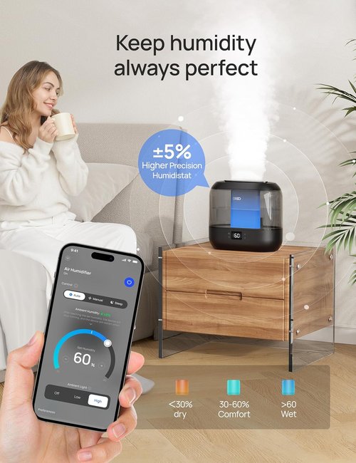 Dreo Smart Humidifier - Top Fill 4L Large Room Cool Mist | 36H Runtime, Touch/App/Voice Control, Black