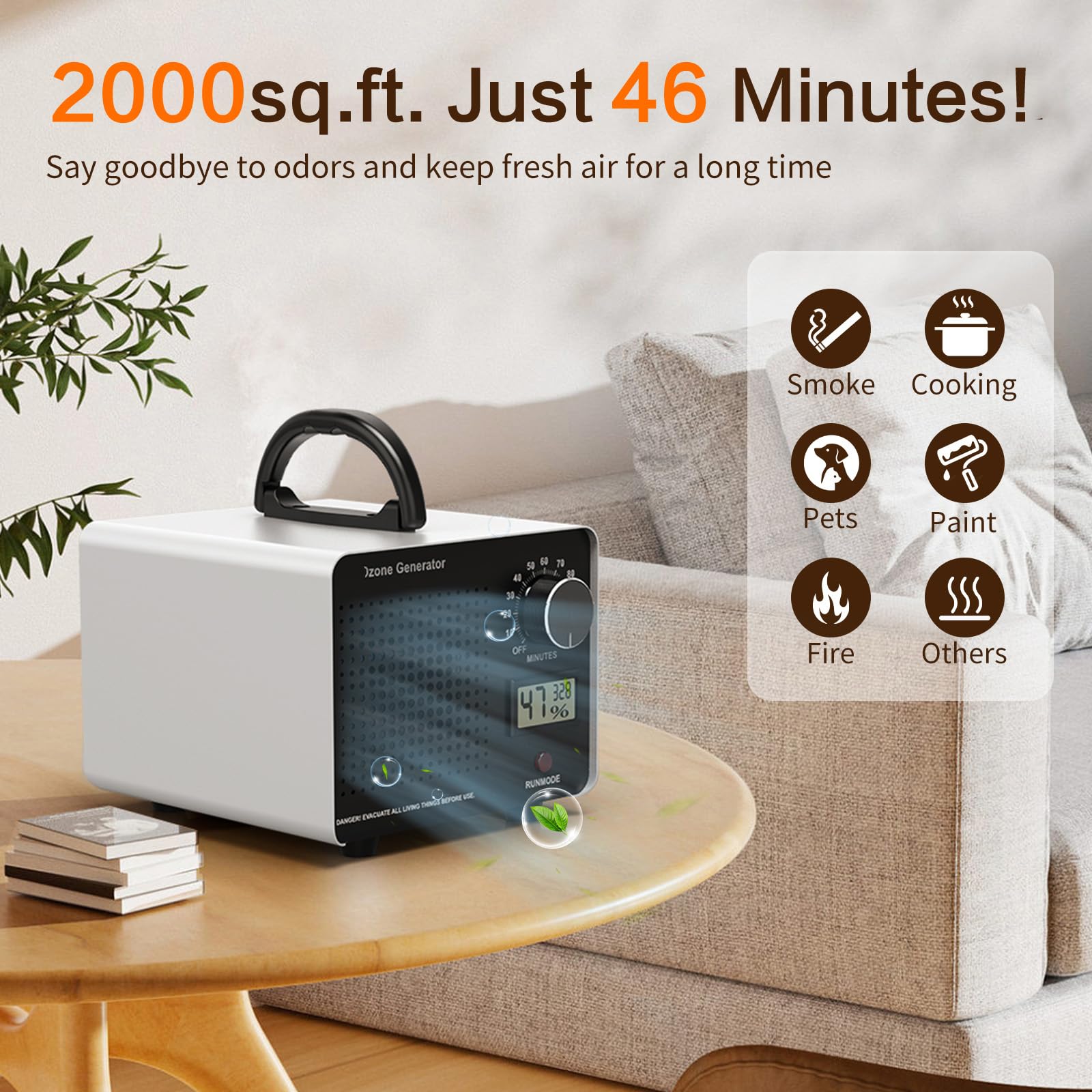 0zone Generator 2000sq.ft Just 46 minutes,Industrial/Home Air Purifier 0zone Machine for Rooms,business premises, Smoke, Cars, Pet Odor