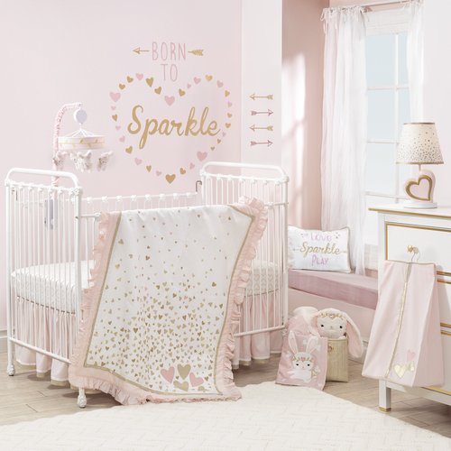 Lambs & Ivy Confetti Fitted Crib Sheet, Pink/Gold Heart