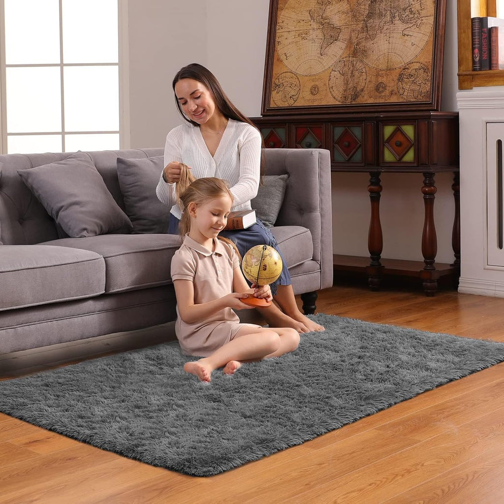 Ophanie 3x5 Non-Slip Area Rug - Fluffy Grey Carpet for Bedroom & Dorm Decor | College Essentials
