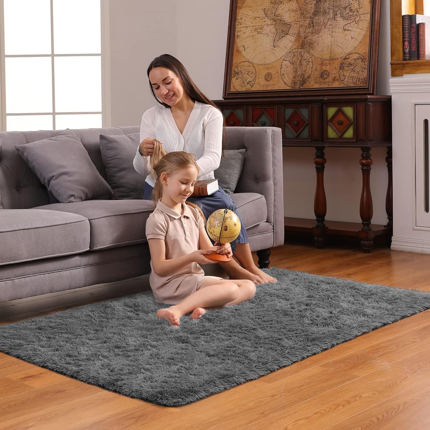Ophanie 3x5 Non-Slip Area Rug - Fluffy Grey Carpet for Bedroom & Dorm Decor | College Essentials