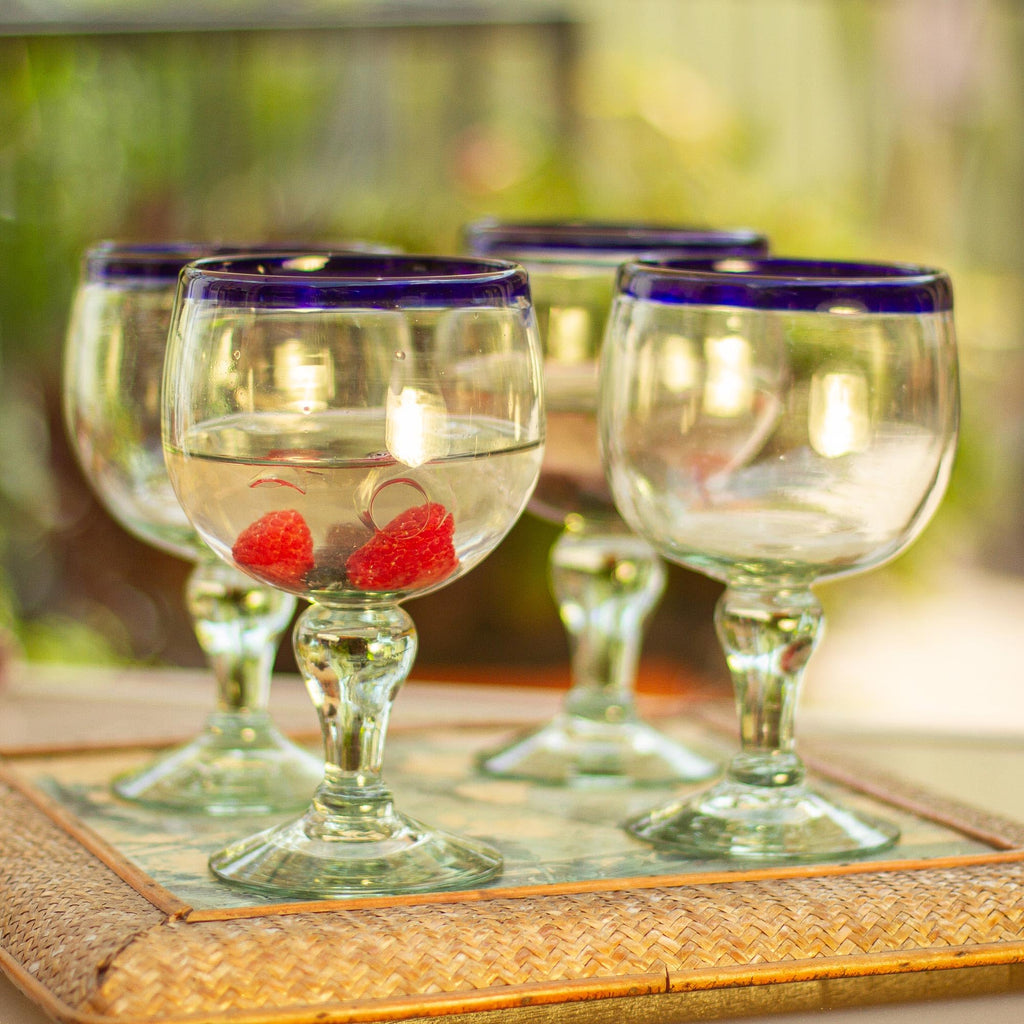NOVICA 'Cobalt Kiss' Blown Glass Goblets (Set of 4), 7" Tall, Blue Clear