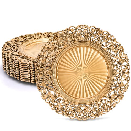 Foraineam Gold Charger Plates Set of 12, 13" Round Plastic Dinner Chargers, Decorative Hollowed Out Flowers Serving Plates for Table Setting, Catering, Wedding, Party, Event