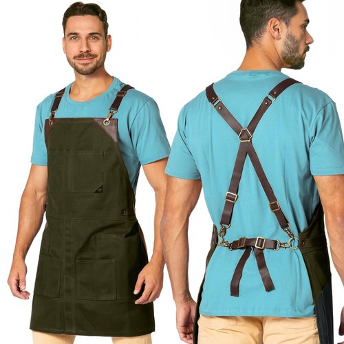 Under NY Sky Cargo Green Apron – Cross-Back with Leather Straps, Heavy-Duty Waxed Canvas and Split-Leg – Adjustable for Men and Women – Pro Woodworker, Mechanic, Blacksmith, Welder, Artist Aprons
