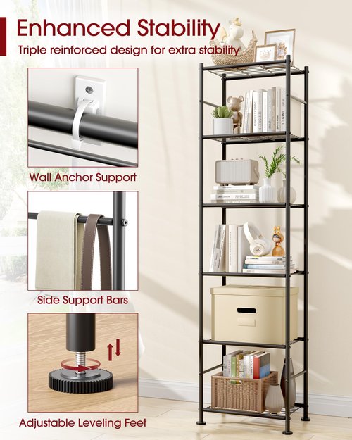 Sakugi 6-Tier Metal Storage Shelves - Slim Shelf Organizer with Reinforced Side Bars, Spacious Storage for Kitchen, Bathroom, and Laundry Room Organization, 18.2" x 12.5" x 70.1", Black