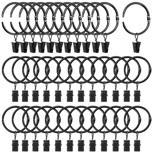 LLPJS Openable Curtain Rings with Clips, Open Drapery Rings with Hooks, Curtain Clips 1.26 inch Interior Diameter, Fit up to 1" Curtain Rod (Black, 1.26" I D Set of 36)
