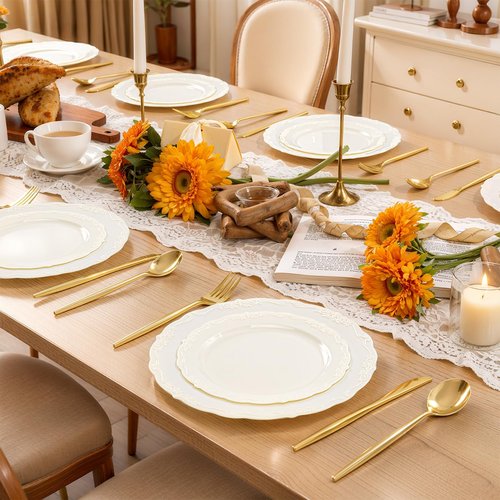 U-QE 100 Pieces Ivory Plastic Plates for Party - Ivory Disposable Plastic Plates - Heavy Duty Disposable Platos Including 50 Dinner 10 '' & 50 Dessert 7.5 '' for Valentine's Day