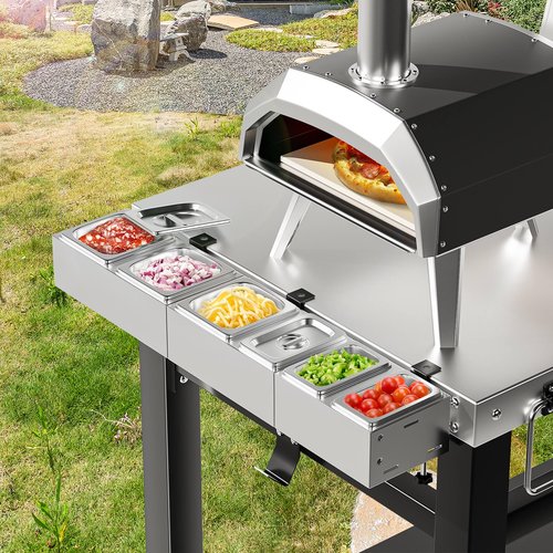 Pizza Topping Station Stainless Steel, 6 Seasoning Containers with Lid, Condiment Tray for Prepping Toppings, Pizza Oven Accessories, Grill Table Cart Topping Station, C-Clamp for Different Tabletop