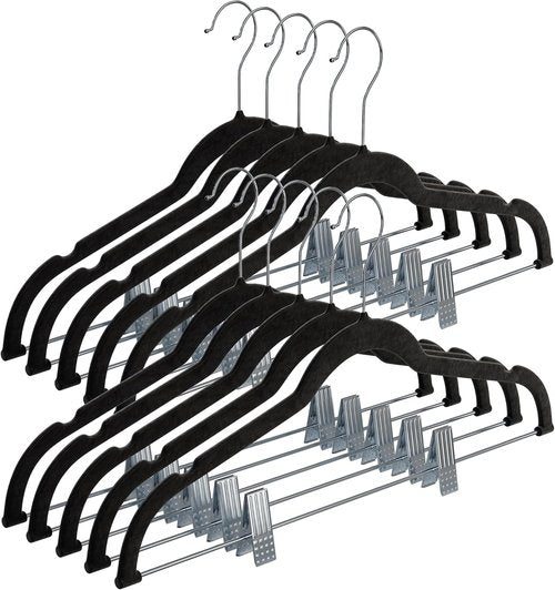Home-it Pants Hangers - Black Velvet Non-Slip Clips for Space-Saving Storage | 10 Pack