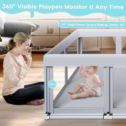 Fshibila Large Baby Playpen - Sturdy Indoor/Outdoor Playard with Soft Mesh | 74" x 50" - Grey