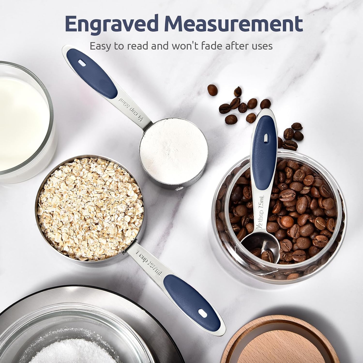 U-Taste Measuring Cups Set - Food Grade 18/8 Stainless Steel with Upgraded Handle | 10-Piece Midnight Blue