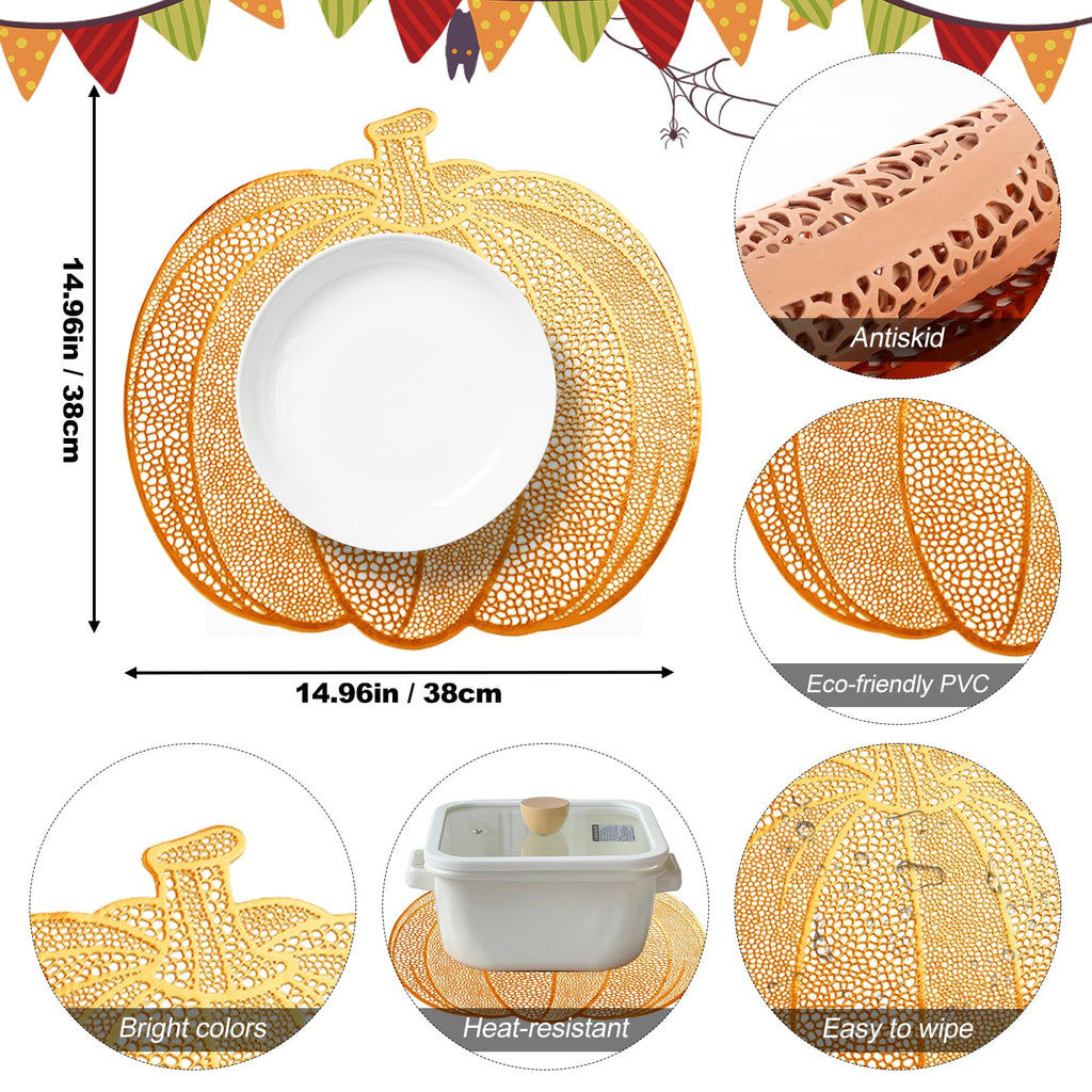 Pumpkin Placemats Set of 6,Orange Harvest Placemats Fall Thanksgiving Placemats Table Mats for Thanksgiving,Halloween and Party Table Decorations 15X15inch