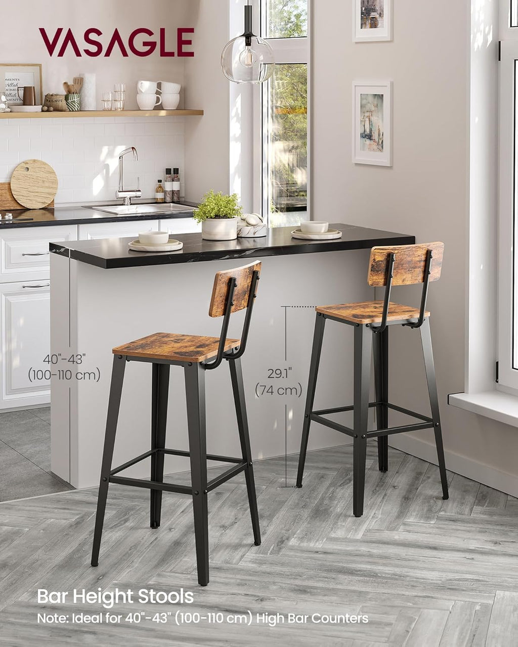 VASAGLE Bar Stools Set of 2 - 29.1-Inch Tall Industrial Style Chairs with Back | Rustic Brown & Ink Black