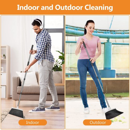 Folews Broom and Dustpan Set, Heavy Duty Dust Pan with Long Handle 51 Inch Broom with Dustpan Combo Set Upright Self-Cleaning Dust Pan Home Kitchen Lobby Indoor Outdoor Sweeping Cleaning Tool - Gray