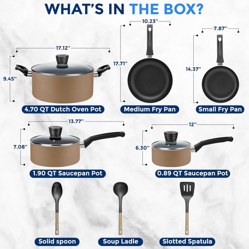 SereneLife Kitchenware Pots & Pans Basic Kitchen Cookware, Black Non-Stick Coating Inside, Heat Resistant Lacquer (11-Piece Set), One Size, Gold
