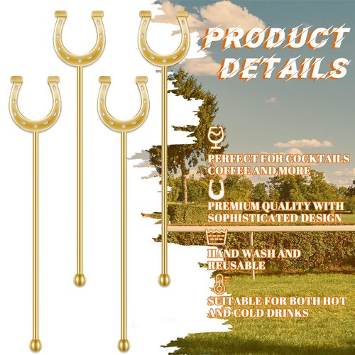 Sunnychicc 6 Inch Derby Drink Plastic Stirrers Swizzle Sticks for Cocktails Coffee Reusable U Shaped Horseshoe Drink Stirrers for Coffee Beverage Party Bar Weddings Events(Gold,30 Pcs)