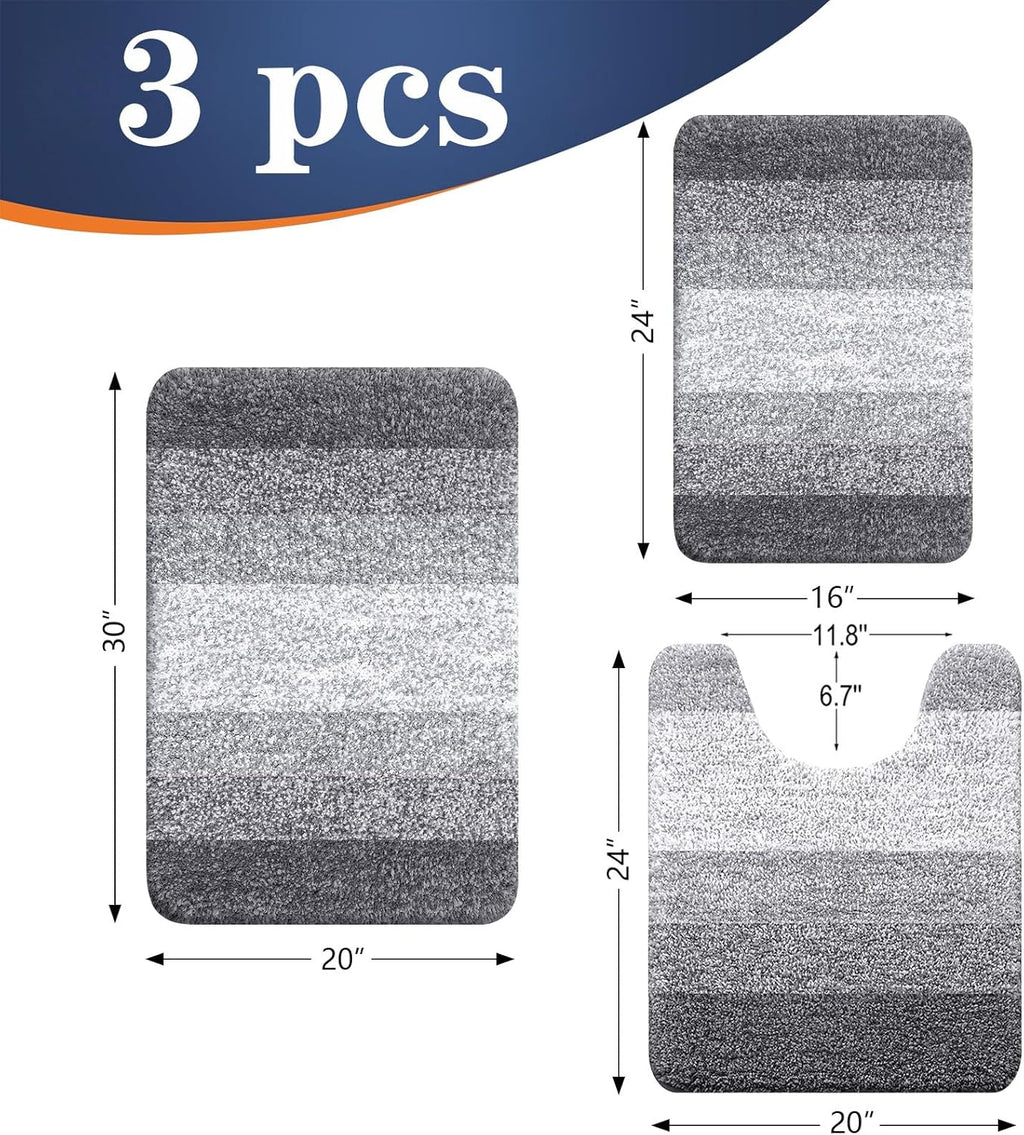 OLANLY Bathroom Rug Set - Soft, Absorbent Microfiber Mats & U-Shaped Contour Rug | 3-Piece Grey Set (30"x20"+24"x16"+24"x20")