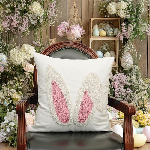 GEEORY 3D Embroidered Easter Bunny Pillow Cover 18x18 Inch, Spring & Easter Decorations Farmhouse Home Decor Throw Pillow Case for Sofa & Bed GX015-1-18